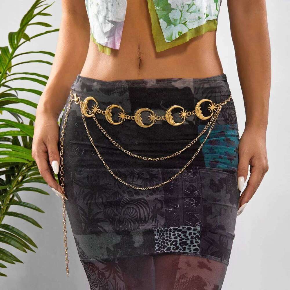 Vintage Exaggerated Sun Flower Multi-Layer Tassel For Women Men Moon Star Belt Body Jewelry Y2K Waist Chain H260228