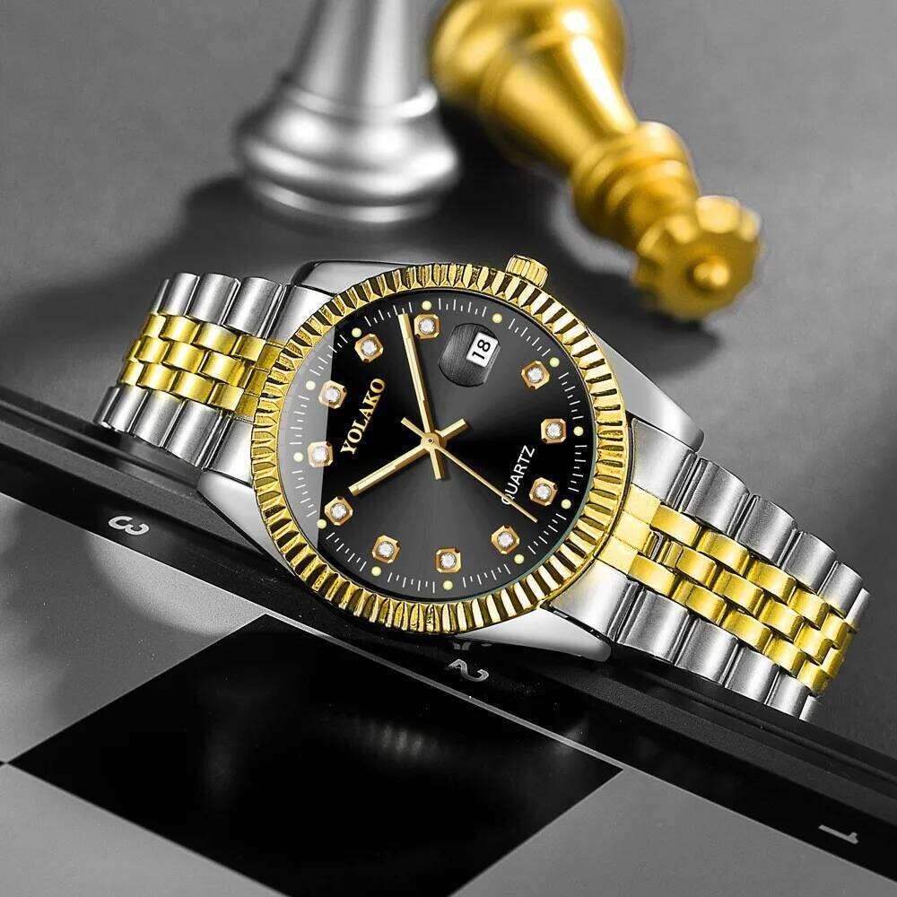 es for Women Simple Casual Student Fashion Quartz Diamond-Encrusted Steel Band Calendar Gold Set Men's Couple H260228