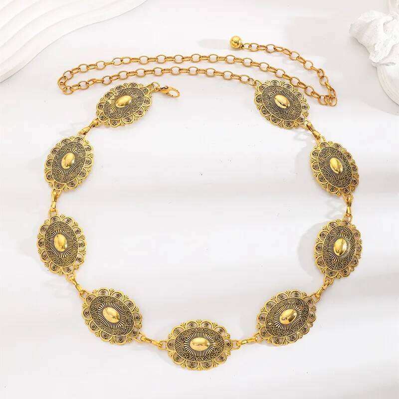 Retro Women'S Metal Waist Decorative Circle Carved Chain Belt High Style Accessories H260228
