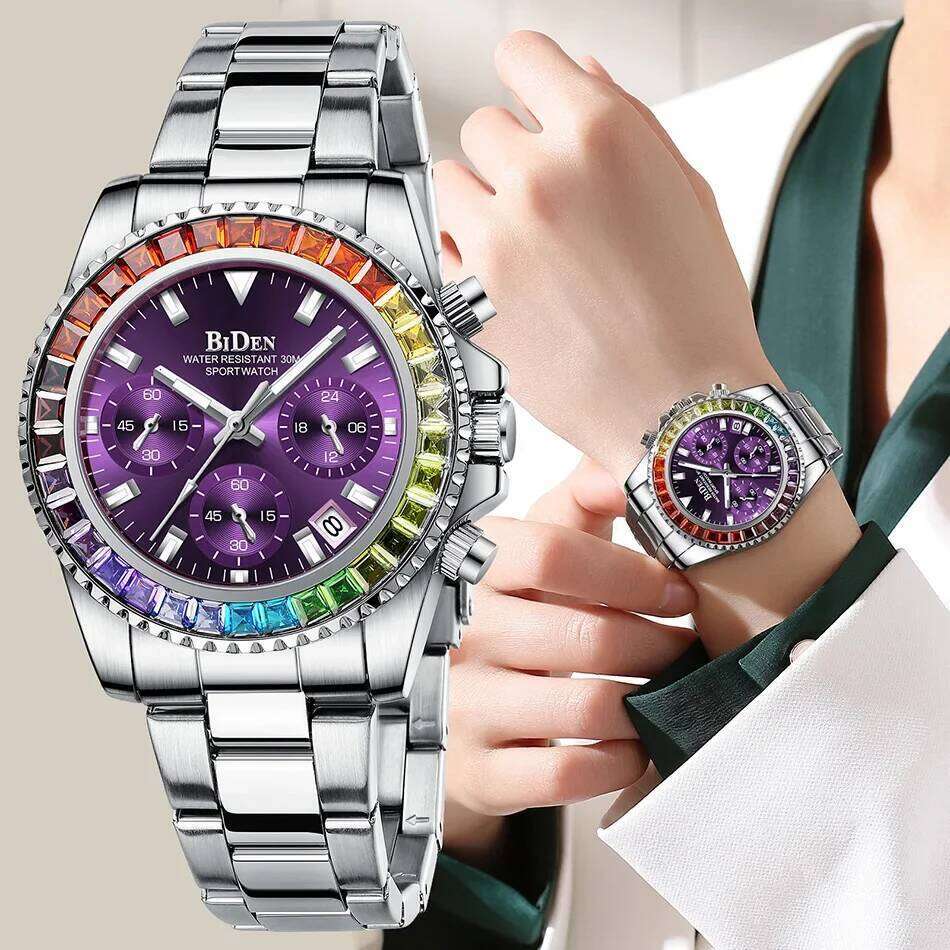 Silver Stainless Steel Elegant Women es Multi Function Chronograph Waterproof Calendar Lady Quartz Wrist Purple H260228