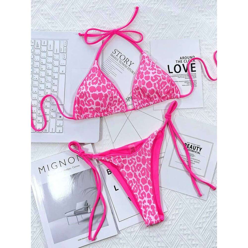 Yiiciovy Leopard Print Women Bathing Suit Biquinis Tie-Up Halter Padded Bra Thong Bottoms Bikini Set Female Swimsuits Z260301