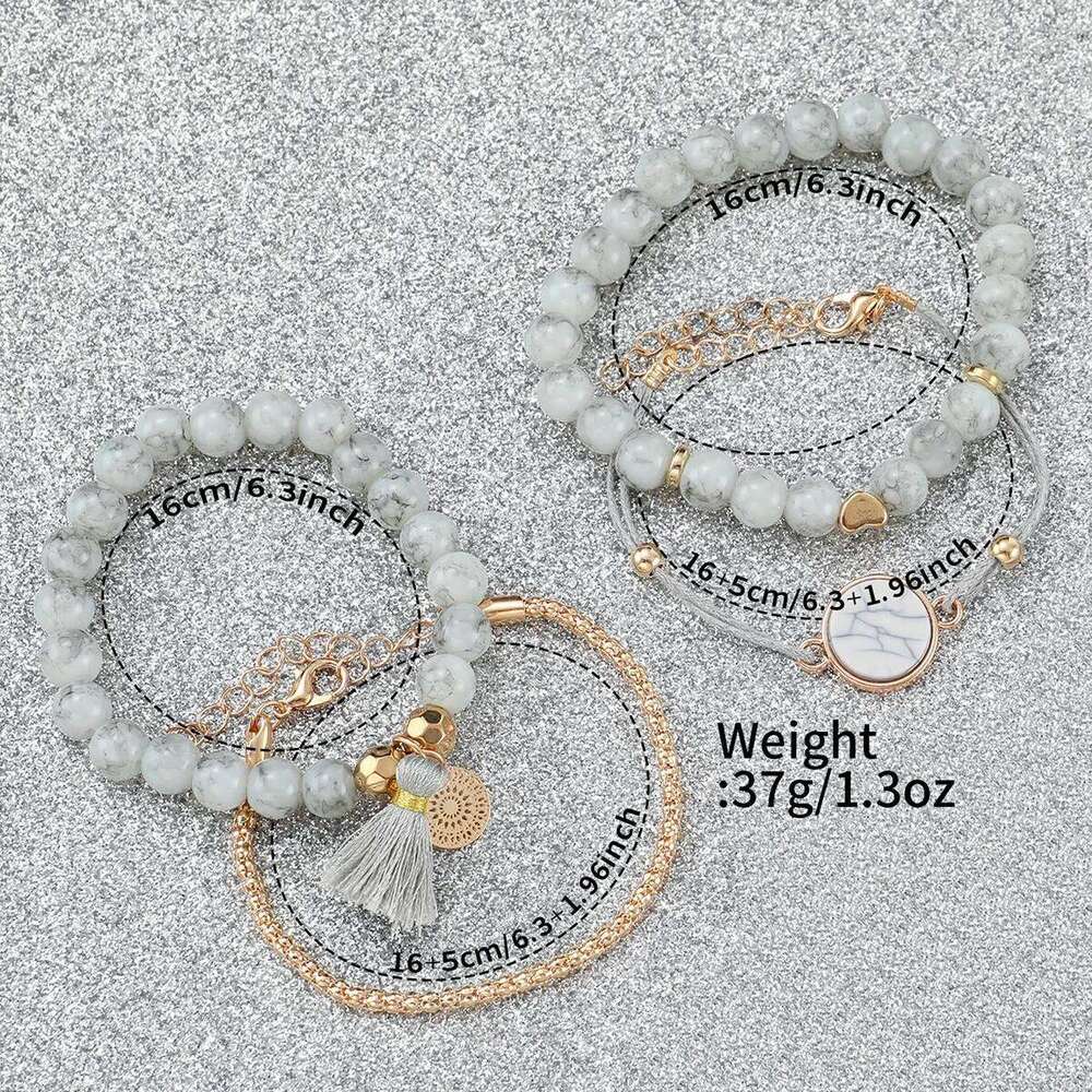 5pcs/set Women White Silicone Band Quartz and Beads Tassels Set H260228