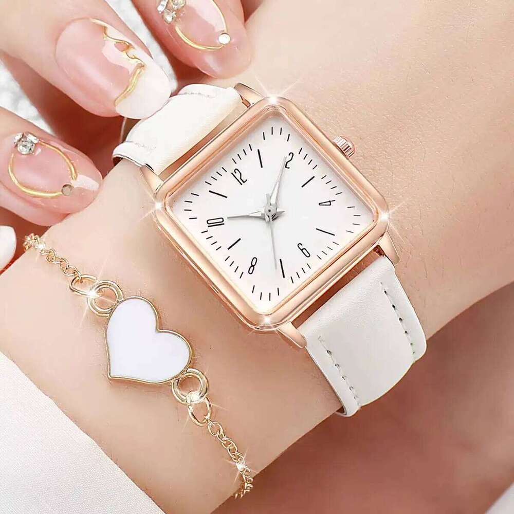2PCS/Se Women's Fashion Square Leather Band Quartz Wristes Heart Set Reloj Mujer H260228