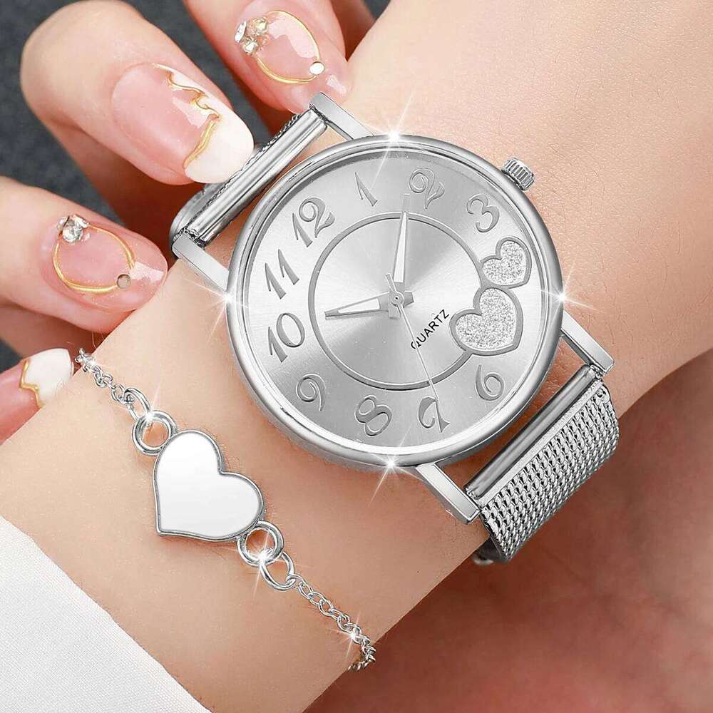 Fashion Heart Women Quartz Casual Plastic Band Analog es 2PCS/Set H260228