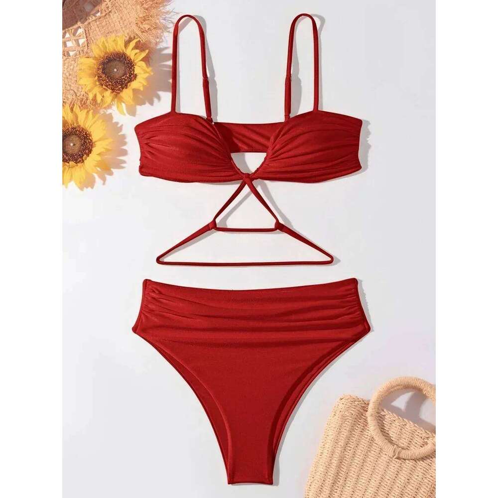 V Neck Wrinkled Stain Bikinis Female Swimsuit High Waist Women Swimwear Two-pieces Bikini Set Bather Bathing Suit Swim Z260301