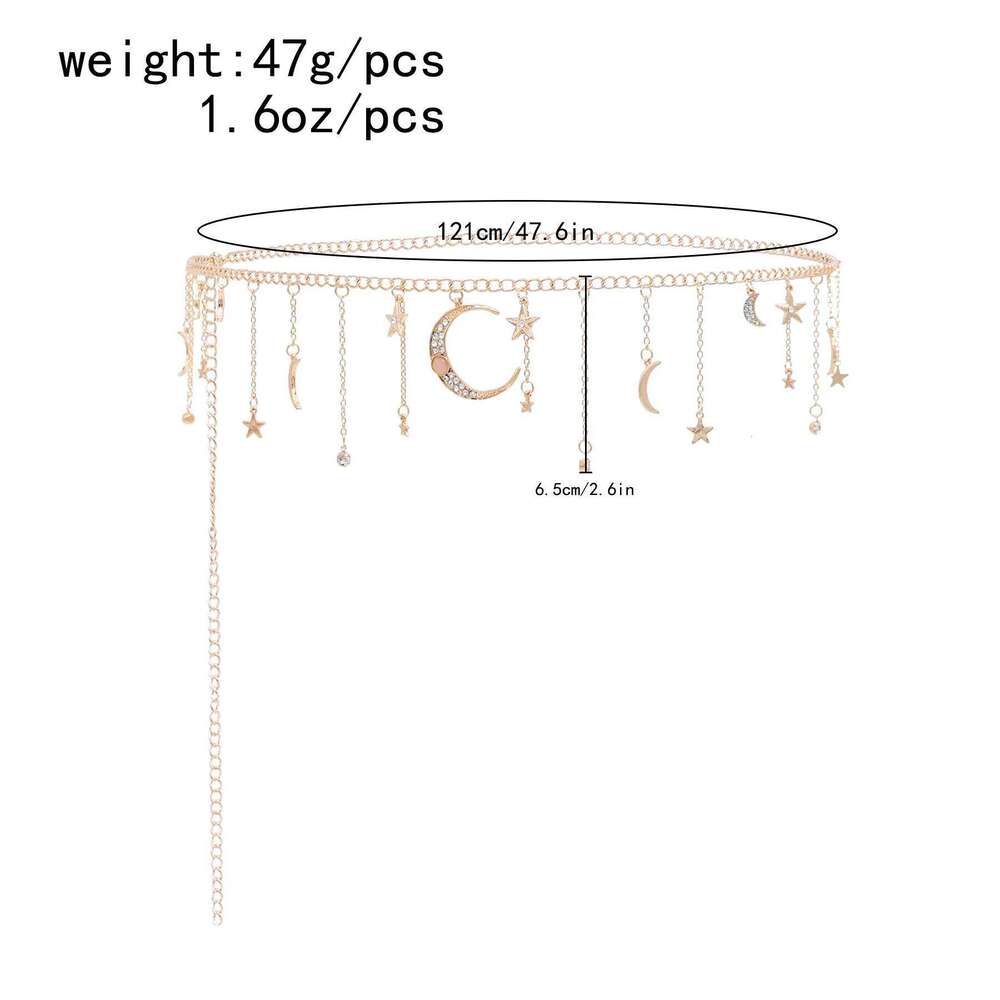 New Fashion Moon Star Rhinestone Tassel Pendant Waist Belly Chains Summer Beach Bikini Dance Party Female Body Jewelry Gift H260228