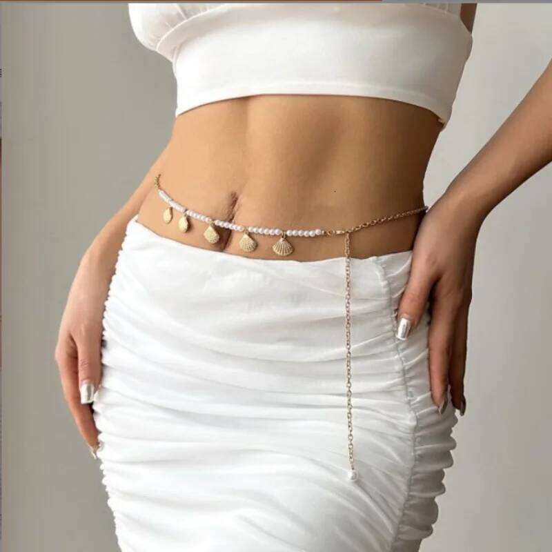 Trendy Y2k Summer Bohemian Imitation Pearl Shell Waist Link Beach Bikini Alloy Body Chain for Women Girls H260228