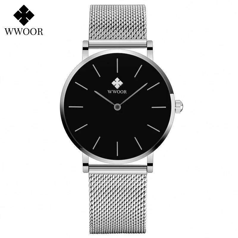 WWOOR New Womens Fashion Simple Ladies Slim Silver Black Dress Steel Mesh Sports Waterproof Wristes Reloj Mujer H260228