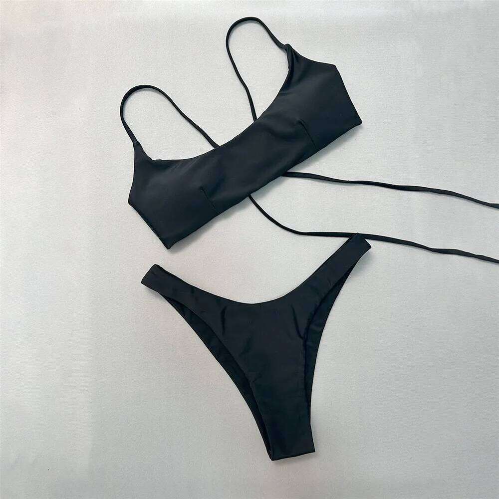Brown Bandeau Micro Bikini Set Back String Lace-up Sexy Swimsuit Solid Swimwears Woman 2026 High Cut Bathing Suit Bikinis Femmes Z260301