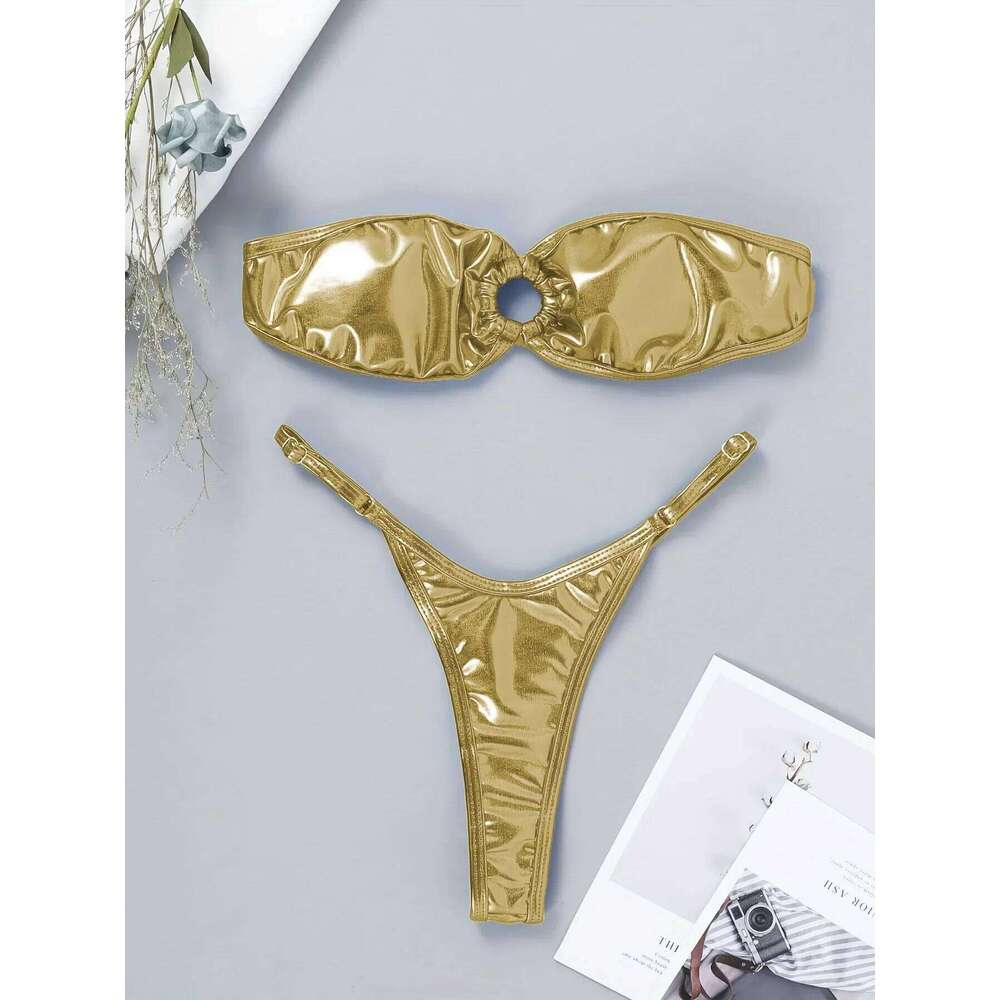 Sexy Bandeau Bikini 2025 Women Gold Black Metal Ring Linked Hollow Out Push Up Micro Swimsuit Shiny Bathing Suit Thong Swimwear Z260301