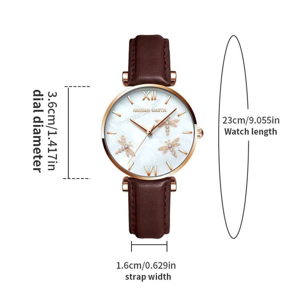 Hannah Martin Fashion Rose Gold Womens Japanese Quartz Movement Casual Leather Strap 3Bar Waterproof Dragonfly Women H260228