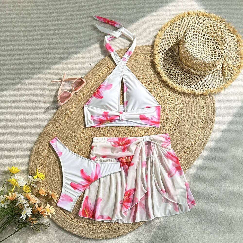 Women's 2026 Sexy 3 Piece Swimsuit Set Bikini Top Knit Beach Skirt & High Waisted Bottoms Summer Halter Floral Sundress Z260301