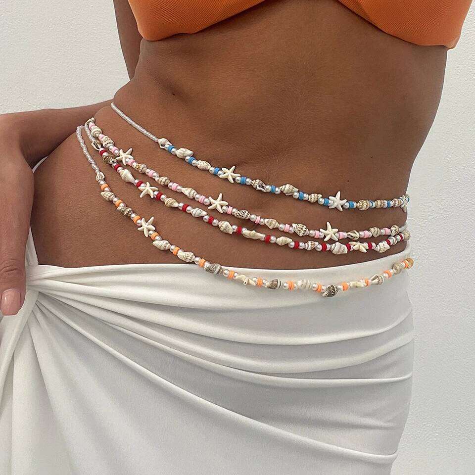 Salircon Bohemia Starfish Conch Imitation Pearl Beaded Belly Chains for Women Summer Beach Bikinis Festival Body Jewelry Gift H260228