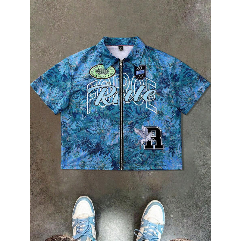 Luxury Brand Designer Clothes Temu Hot-Selling American Retro Short-Sleeve Zip-Up Shirt With 3D Letter Print, Unisex Style