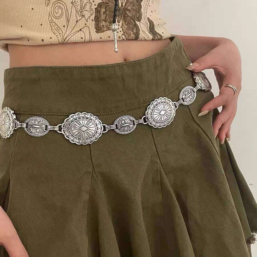 1Pcs Ethnic Style Elliptic Waist Accessories for Women's Retro Bohemian High-End Silver color Chain with Skirt Belt H260228