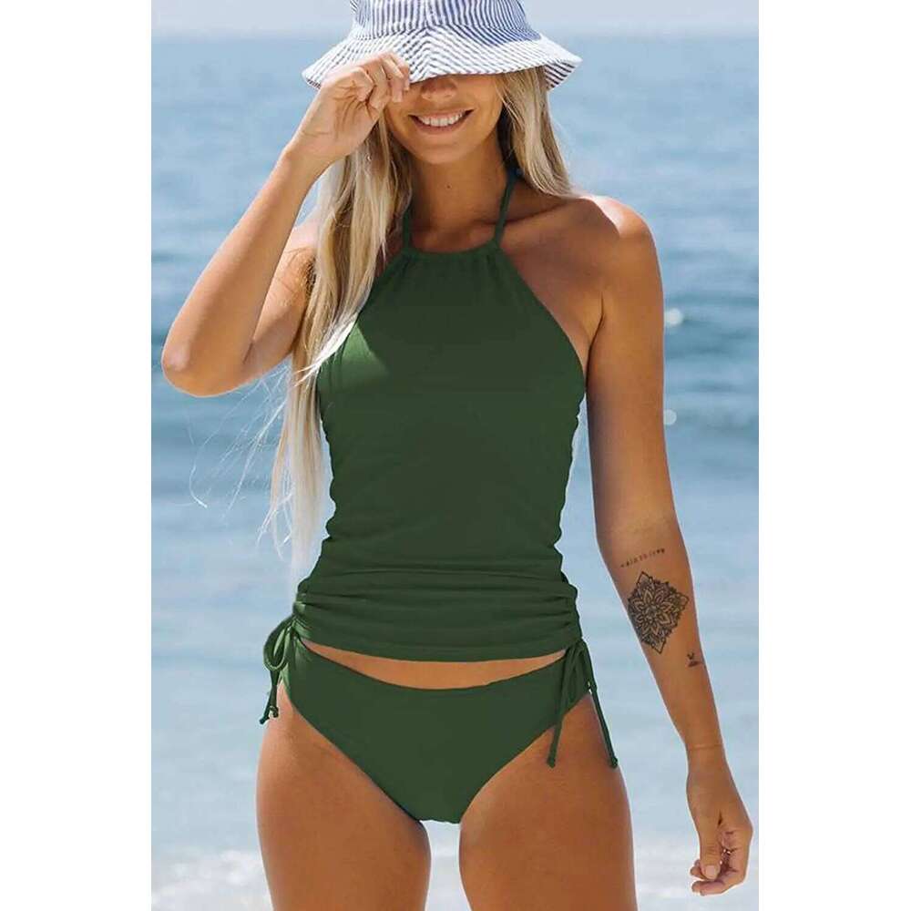 2025 Summer New Womens Swimsuit Neck Hanger Sleeveless Backless Crop Tops Solid Color Panties Bathing Suit Beachwear for Female Z260301