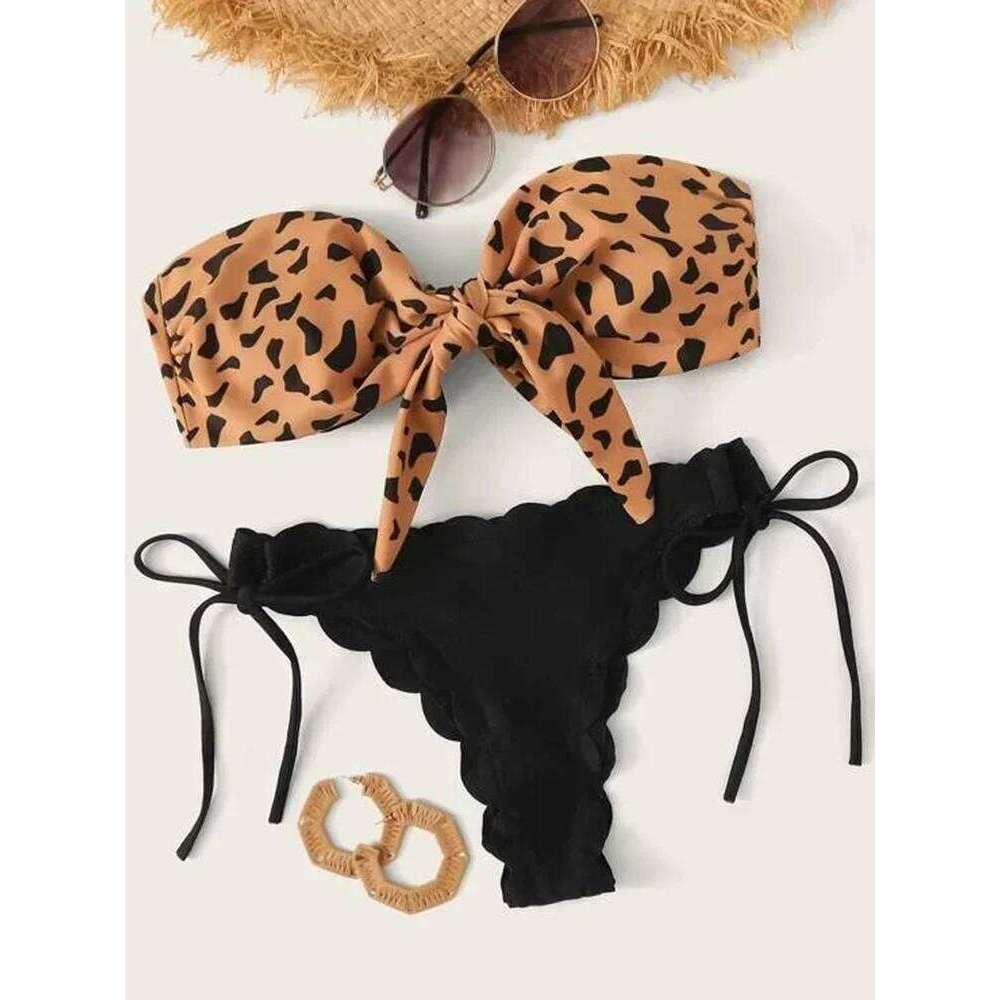 Bow Knotted Marble Print Bikinis Scalloped Bandeau Women Swimwear Female Swimsuit Two-pieces Bikini Set Bathing Suit Swim Z260301