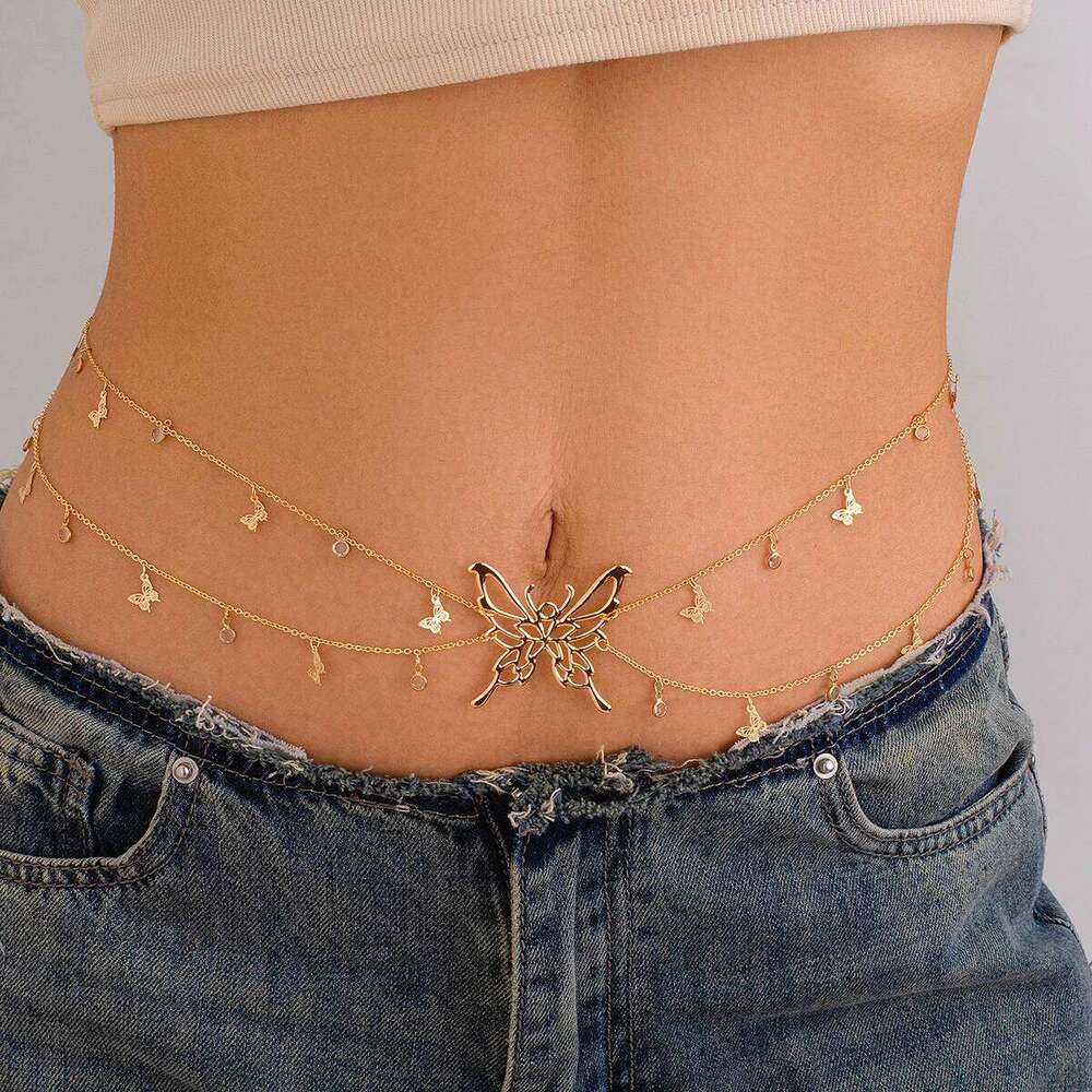 Ingemark Boho Sexy Hollow Butterfly Waist Belly Belt Chain for Women Summer Bikini Crystal Tassel Pendant Link Body Jewelry Gift H260228