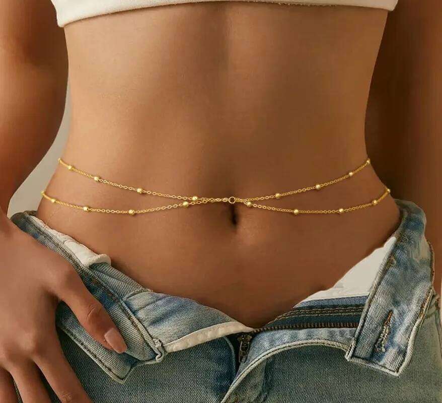 Waist for Women Waterproof, 14K Gold Plated STAINLESS STEEL Layered Belly Chain Sexy Bikini Satellite Beads Body Jewelry H260228