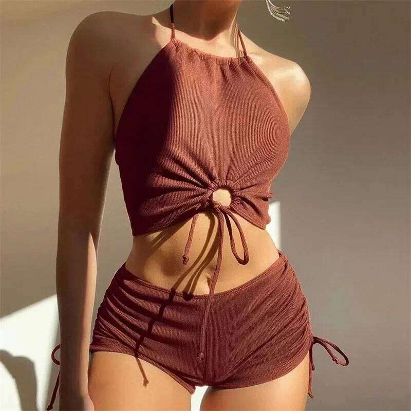 Brown Ribbed Swimwear Shorts Swimsuits Women Halter Bikinis Sets String Drawstring Bathing Suit Beachwear Sexy Bikini 2026 Mujer Z260301