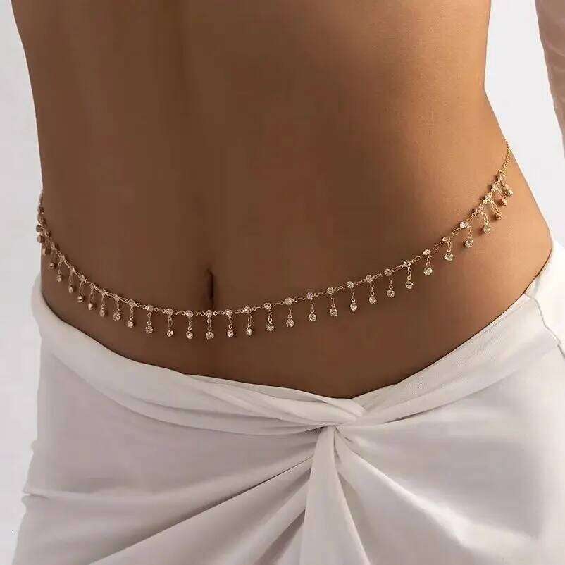 Sexy Aesthetic Sparkling Rhinestone Belly Waist Chain for Women Summer Bikini Tassels Body Jewelry Beach Festival Accessories H260228