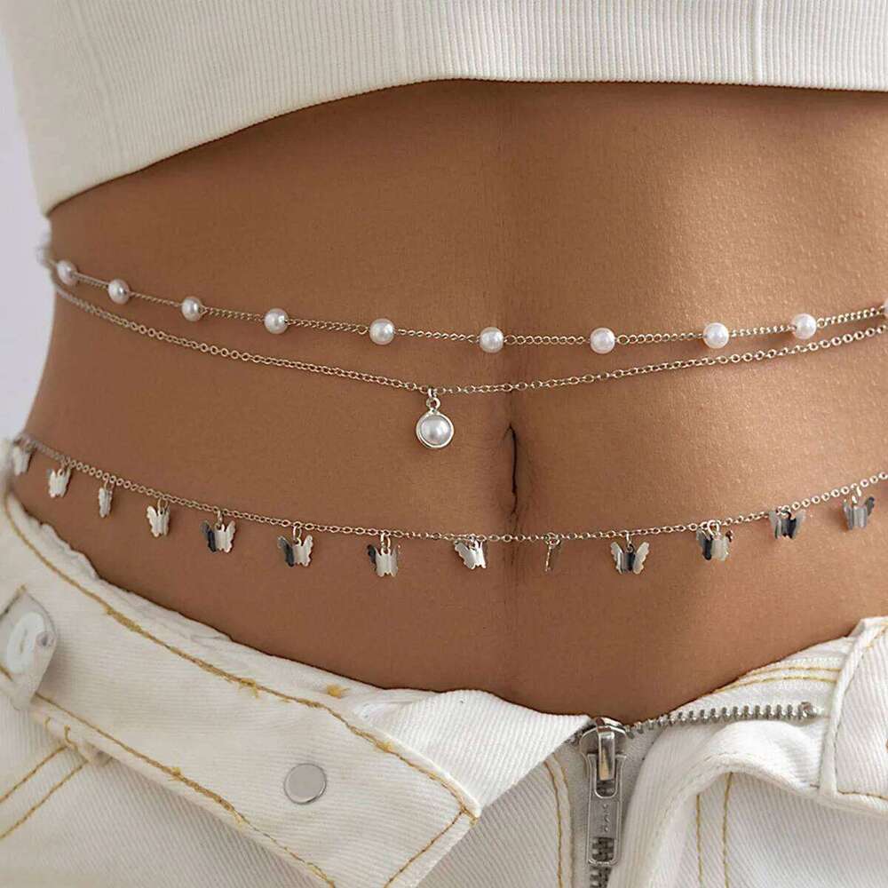 Retro Cute Butterfly Imitation Pearl Tassel Pendant Waist Chain 2025 Multi Layer Sweet Gold Color Metal Girl Fashion Jewelry H260228