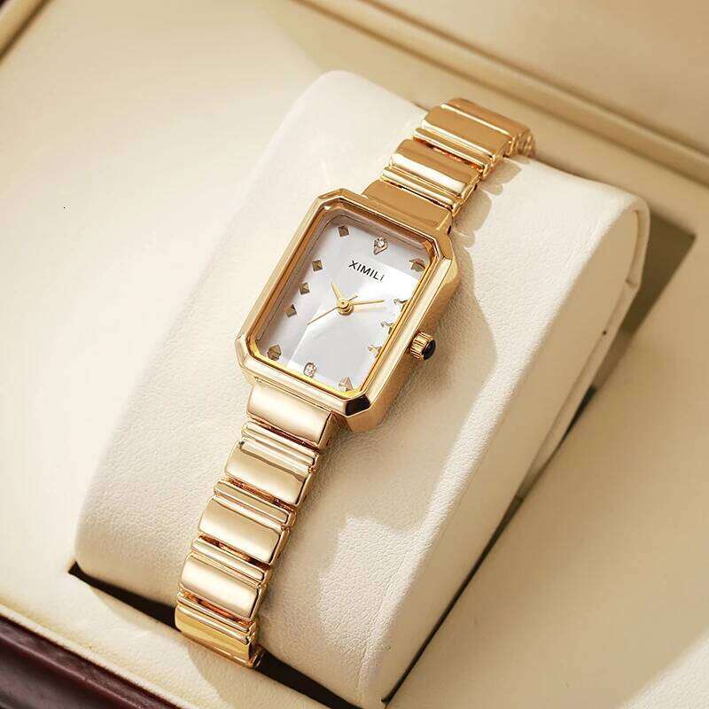 Luxury Women es Fashion Rectangle Gold Plated Ladies Quartz Stainless Steel Folding Clock Relogio Feminino H260228