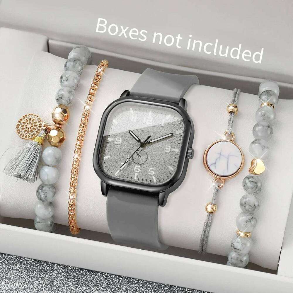 5PCS/Set Women Quartz Fashion Square Arabic Dial Ladies Casual Silicone Strap Wrist s Set Reloj Without Box H260228