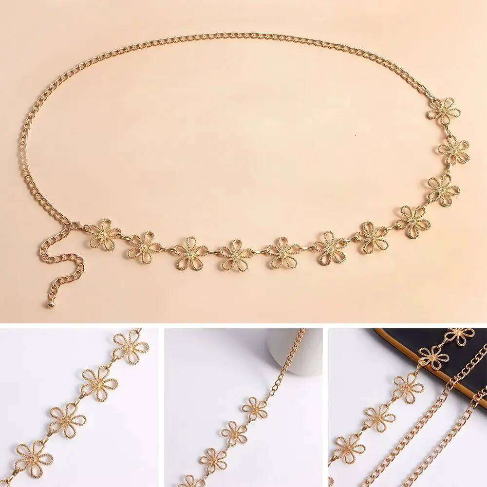 Fashion Flower Waist Y2K Adjustable Metal Belt Versatile Match Dress Decoration Chain Waistband Women H260228