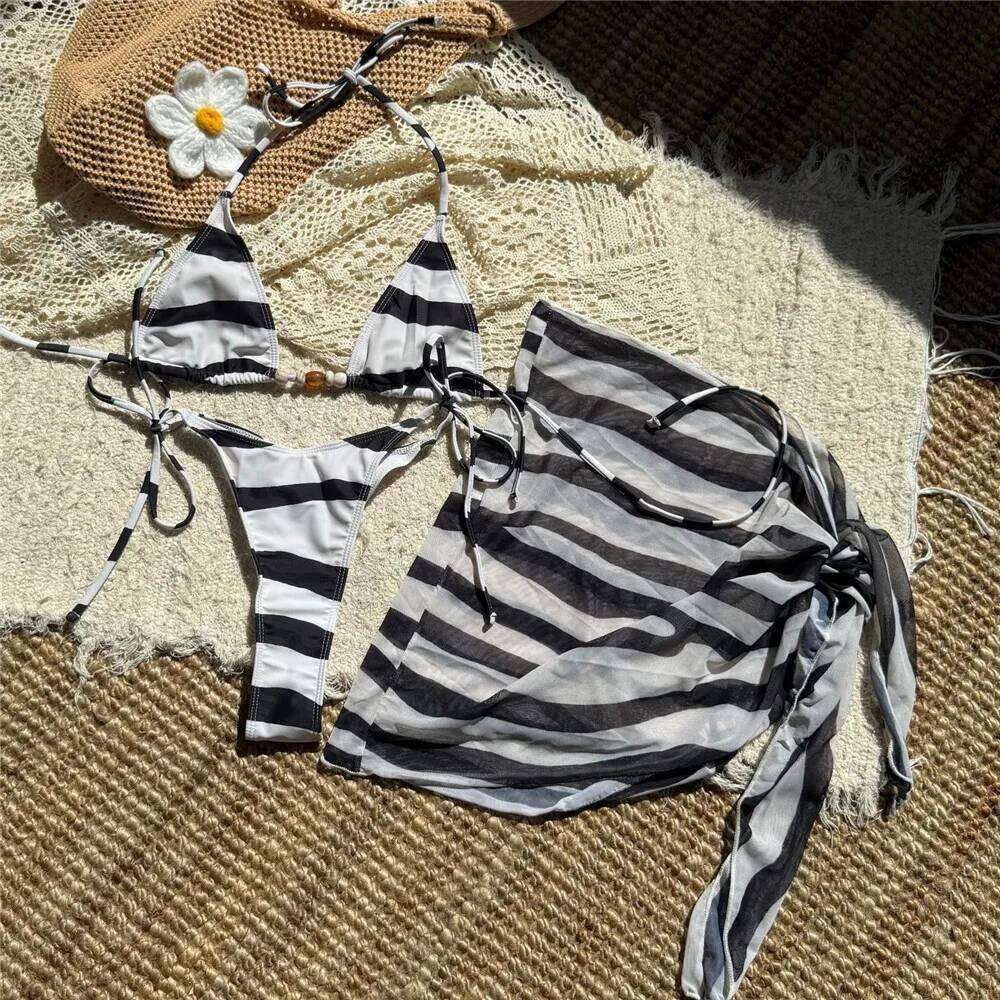 Black White Patchwork Swimwear Halter String Triangle 3 Piece Bikini Set Cover Up Micro Thong Sexy Swimsuit Women 2026 Beachwear Z260301