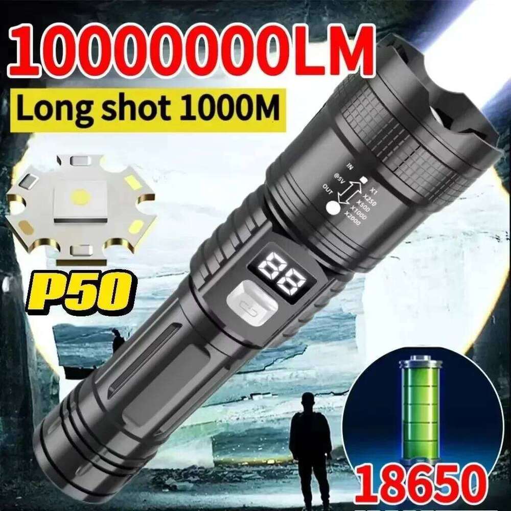 High Strong Power Led FlashlightsTactical Torch with Display Light USB Charging Outdoor Camping Fishing Emergency Zoom Lantern Z260301
