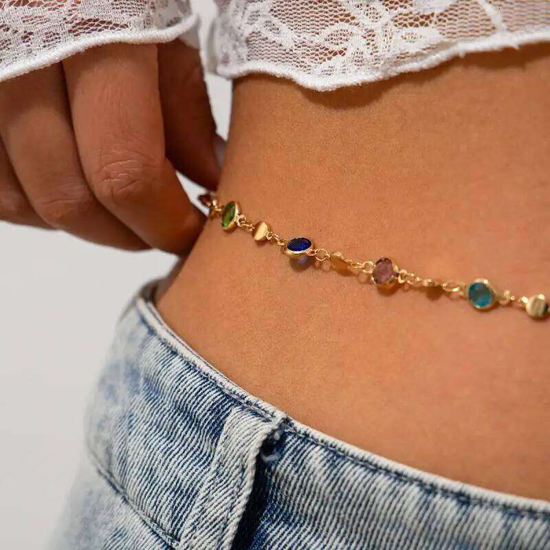 Fashion Colored Glass Crystal Waist Chain for Women Punk Summer Sexy Beach Bikini Body Jewelry Y2K Accessories H260228