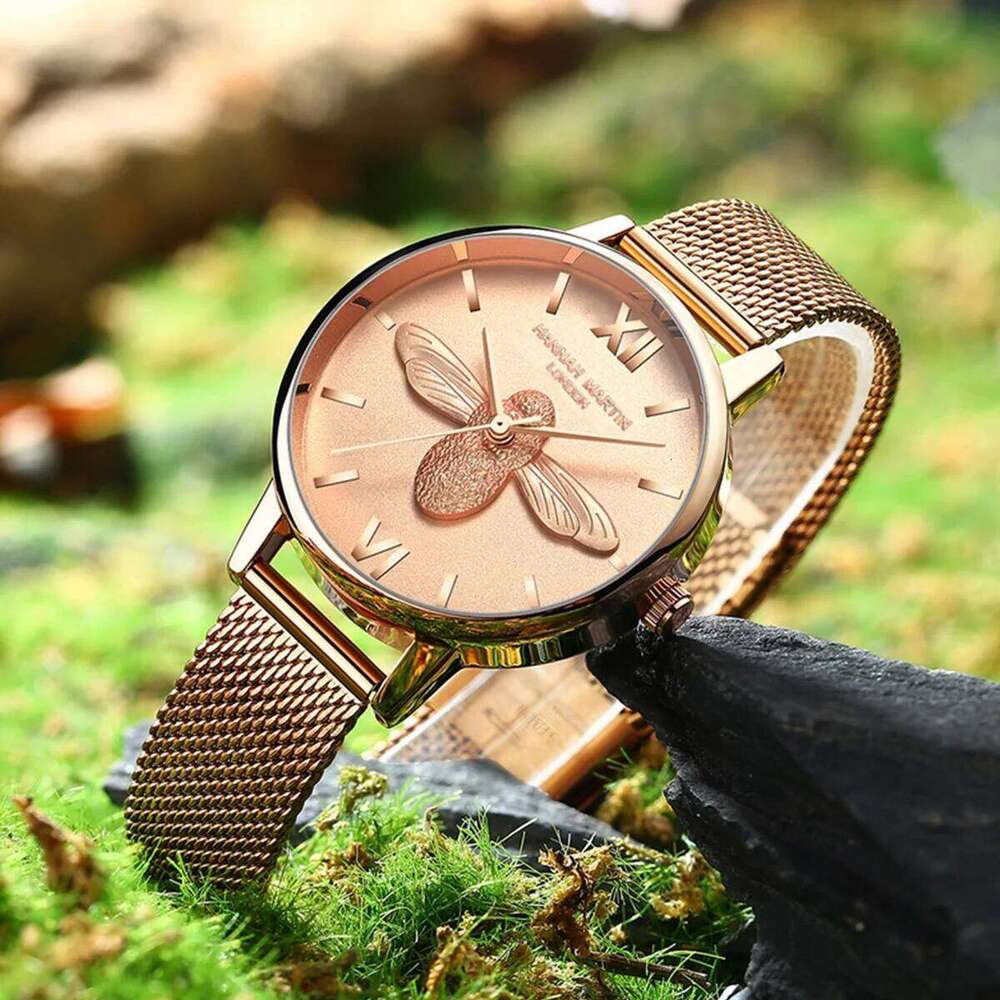 Hannah Martin Women Quartz Fashion Stainless Steel Mesh Belt 3D Stereoscopic Bee Green Rose Gold Japanese Movement es H260228