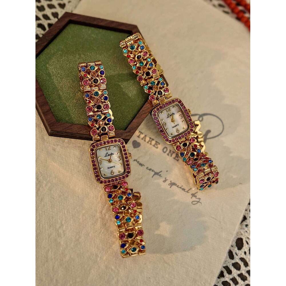 1 Piece French Fashionable and Elegant Women's Colorfulful Rhinestone Gemstone Inlaid Strap 30m Waterproof Square Quartz Mother-Of-Pearl Dial, Su