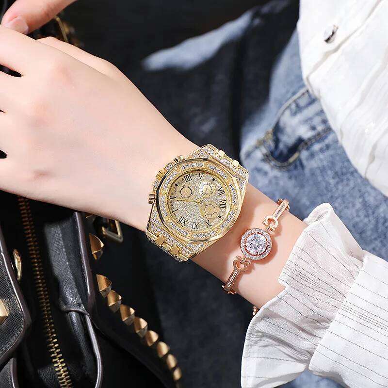 Strap Stylish Women's Rhinestone Inlaid Stainless Steel Quartz Colorful Dial Decorative for Ladies H260228