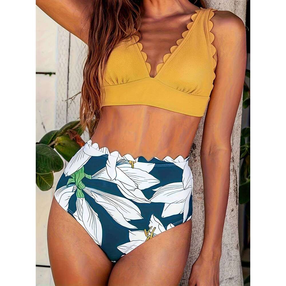 Floral Print V Neck Bikini Sets, Back Tie Side Out Waist High Cut Two Pieces Swimsuit, Women's Swimwear & Clothing Z260301
