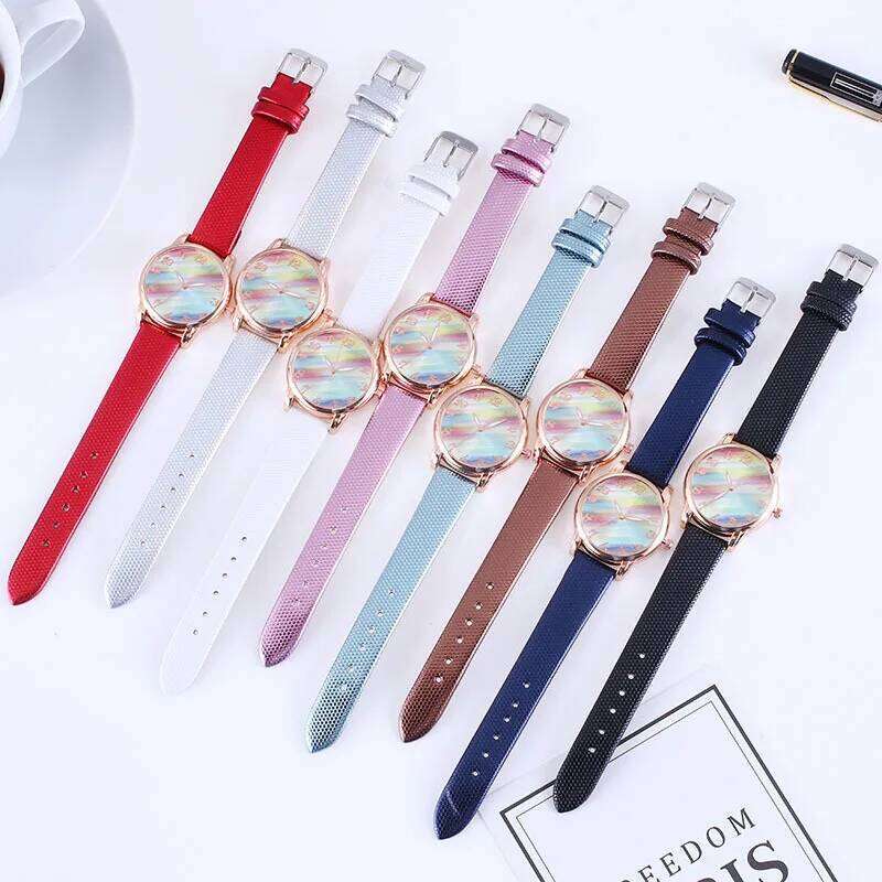 Minimalist Rainbow Color Dial Quartz for Women Classic Fashion Elegant Leather Strap Wrist Ladies Dress Casual H260228