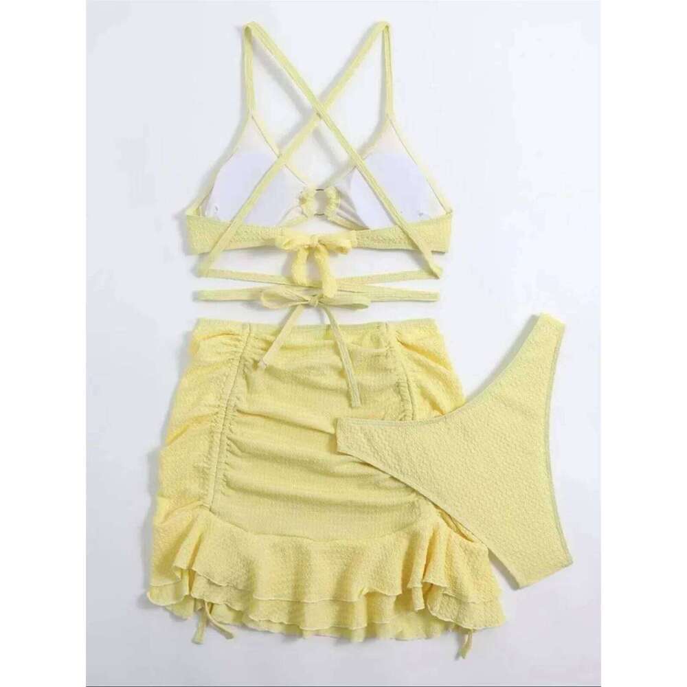 Sexy Yellow Bikini Women Solid Halter Ring Linked Criss Cross Cover Up 3 Piece Swimsuit 2025 Bathing Suit Ruffles Skirt Swimwear Z260301