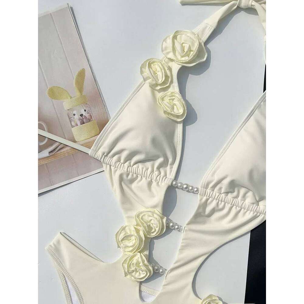 3D Flowers Deep V Neck Halter Women Backless Swimwear One Piece Swimsuit Female High Cut Monokini Bather Bathing Suit Swim Lady Z260301