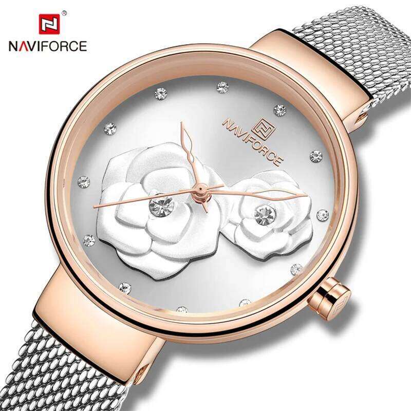 Women NAVIFORCE Top Luxury Brand Steel Mesh Waterproof Ladies es Flower Quartz Female Wrist Charming Girl Clock H260228