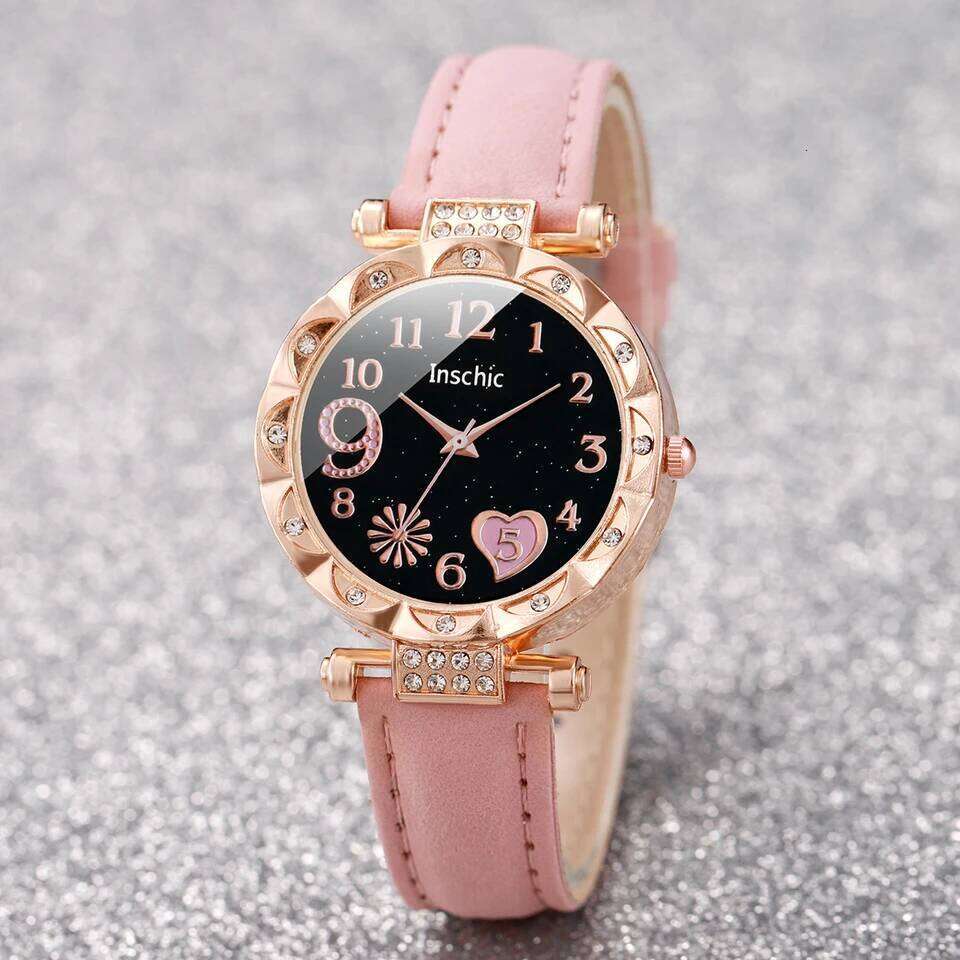 6PCS/Set Fashion Heart Dial Women's Casual Leather Band Analog Quartz Leaf s SetWithout Box H260228