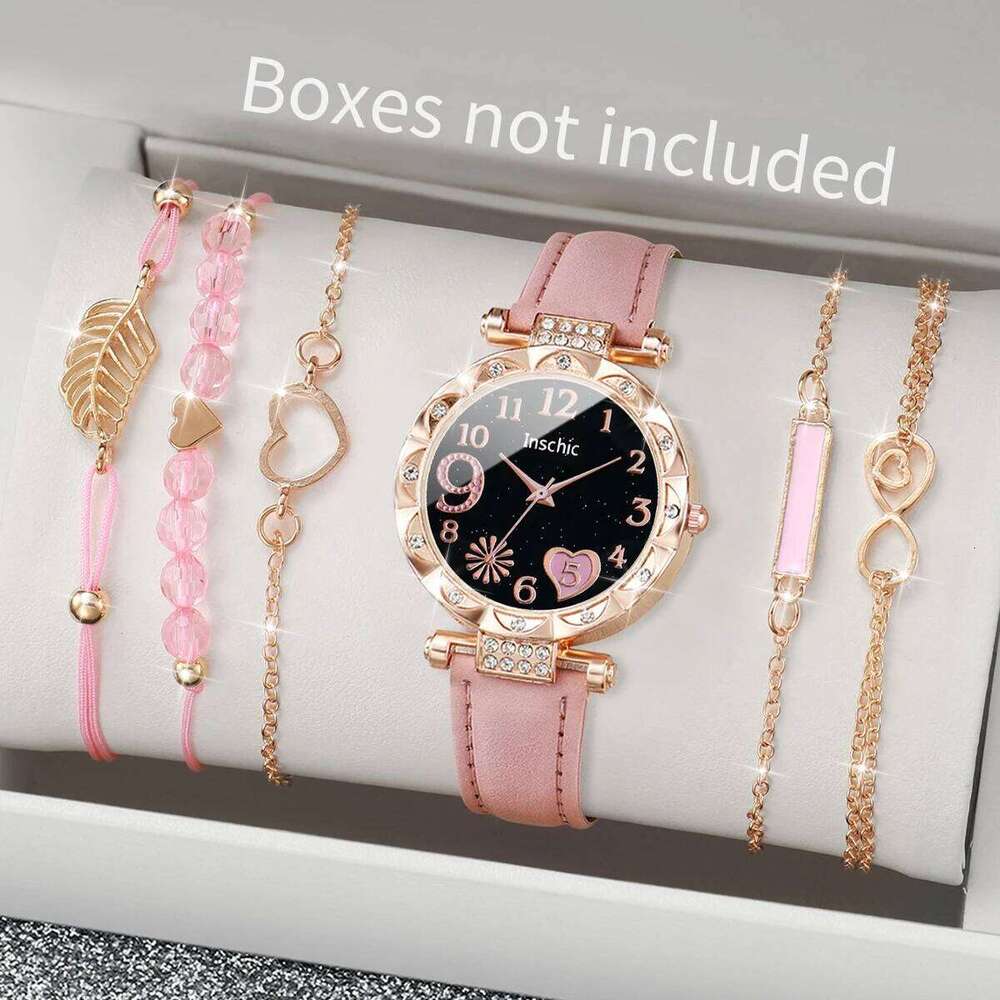 6PCS/Set Women es Fashion Rhinestone Heart Dial Quartz Leather Band Wristes s SetWithout Box H260228
