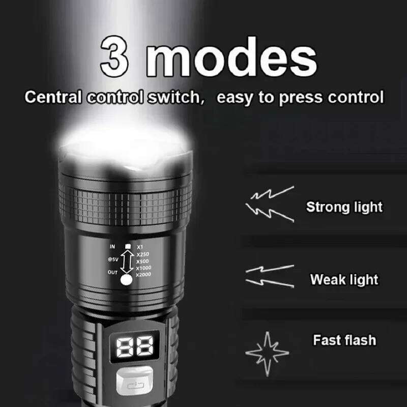 High Strong Power Led FlashlightsTactical Torch with Display Light USB Charging Outdoor Camping Fishing Emergency Zoom Lantern Z260301