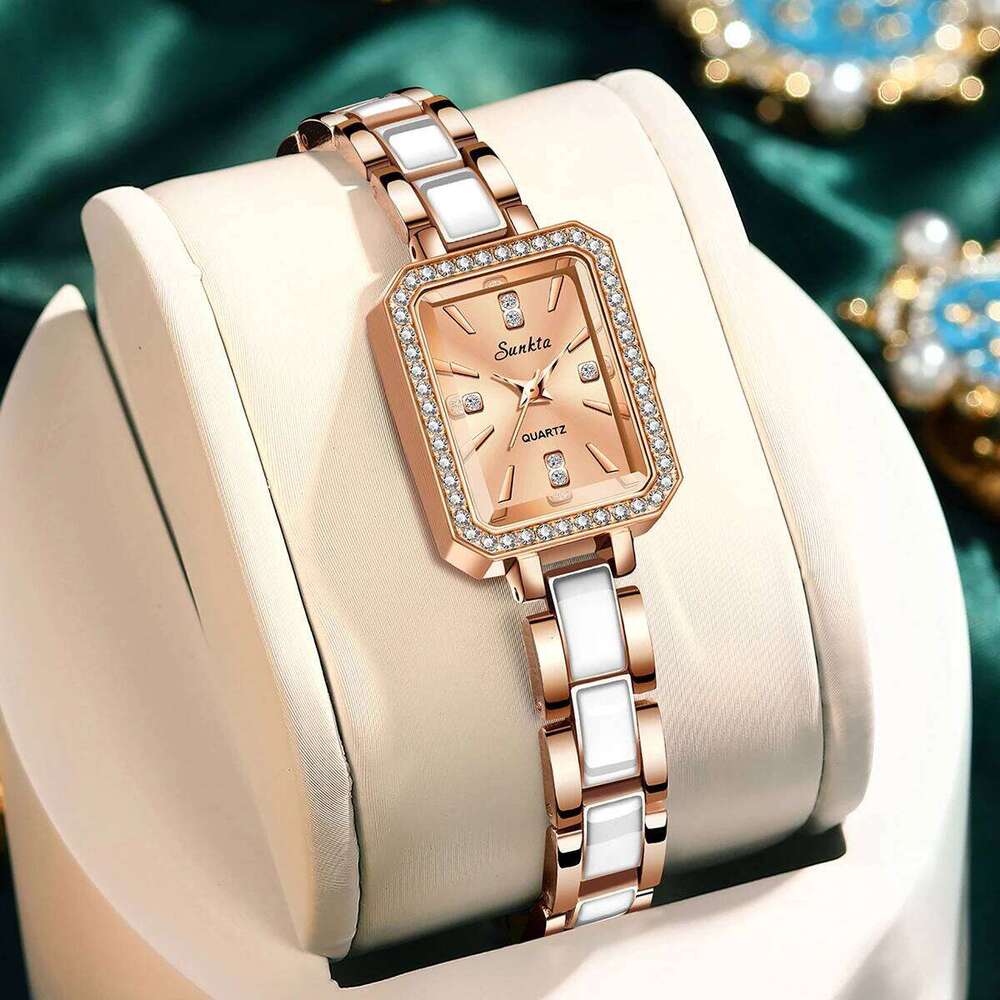LIGE Luxury New Simple Square Full Diamond Digital Quartz e Gold Stainless Steel Women's Dress Clock H260228