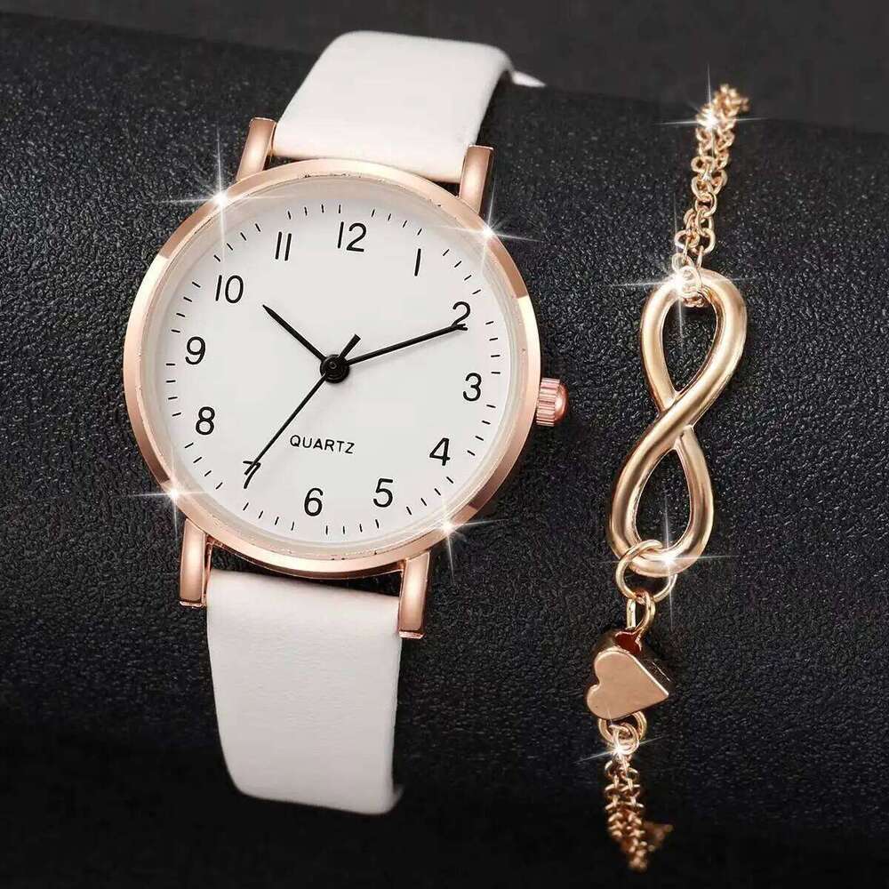 2PCS Fashion Arabic Dial Women's es Casual Leather Strap Quartz Wristes Gold Heart Set Reloj Mujer H260228