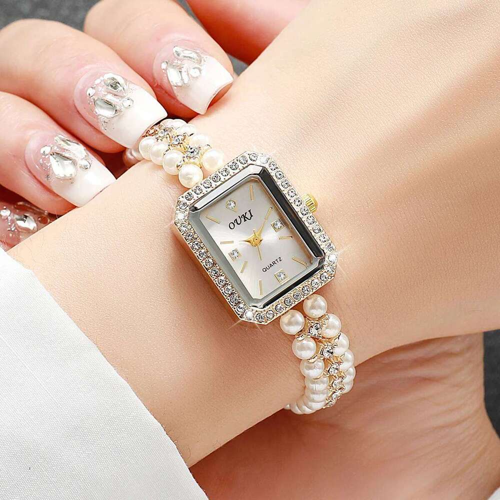 Elegant Square Women es Fashion Imitation Pearls Strap Quartz Wrist for Girls Clock Reloj MujerWithout Box H260228