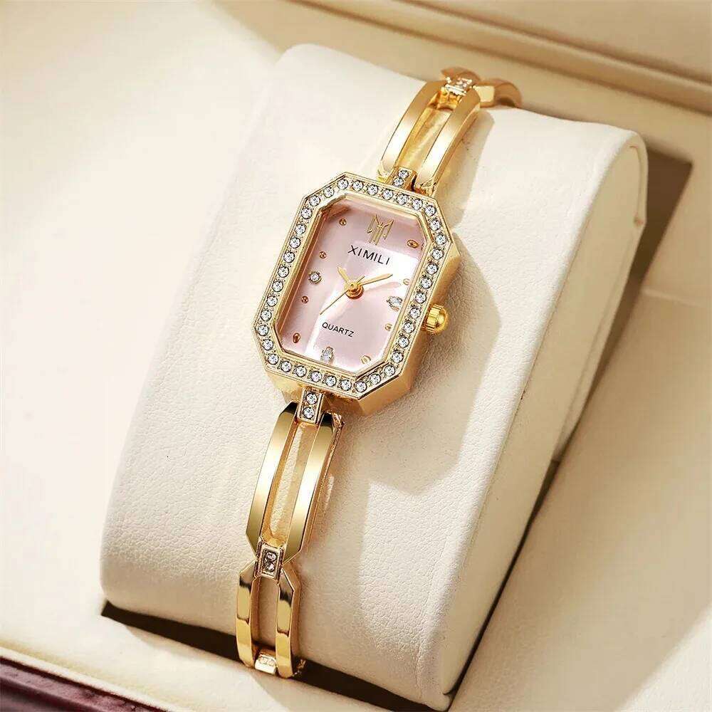 Fashion Rhinestone Rectangle Women es Casual Stainless Steel Gold Ladies Quartz WristWithout Box H260228
