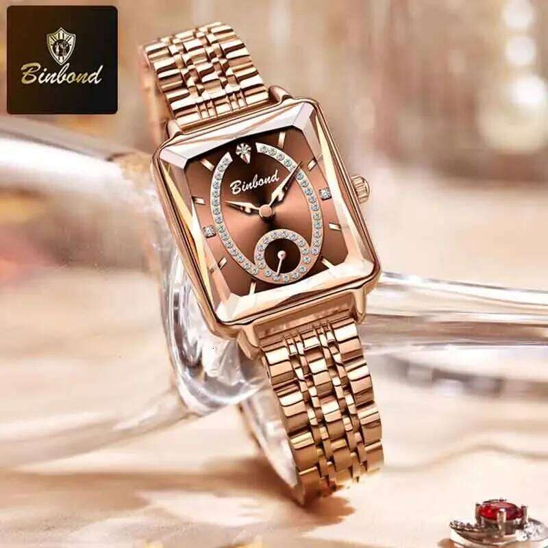 BINBOND Fashion Elegant Quartz High Quality Jewelry Design Waterproof Square Rose Gold Women H260228