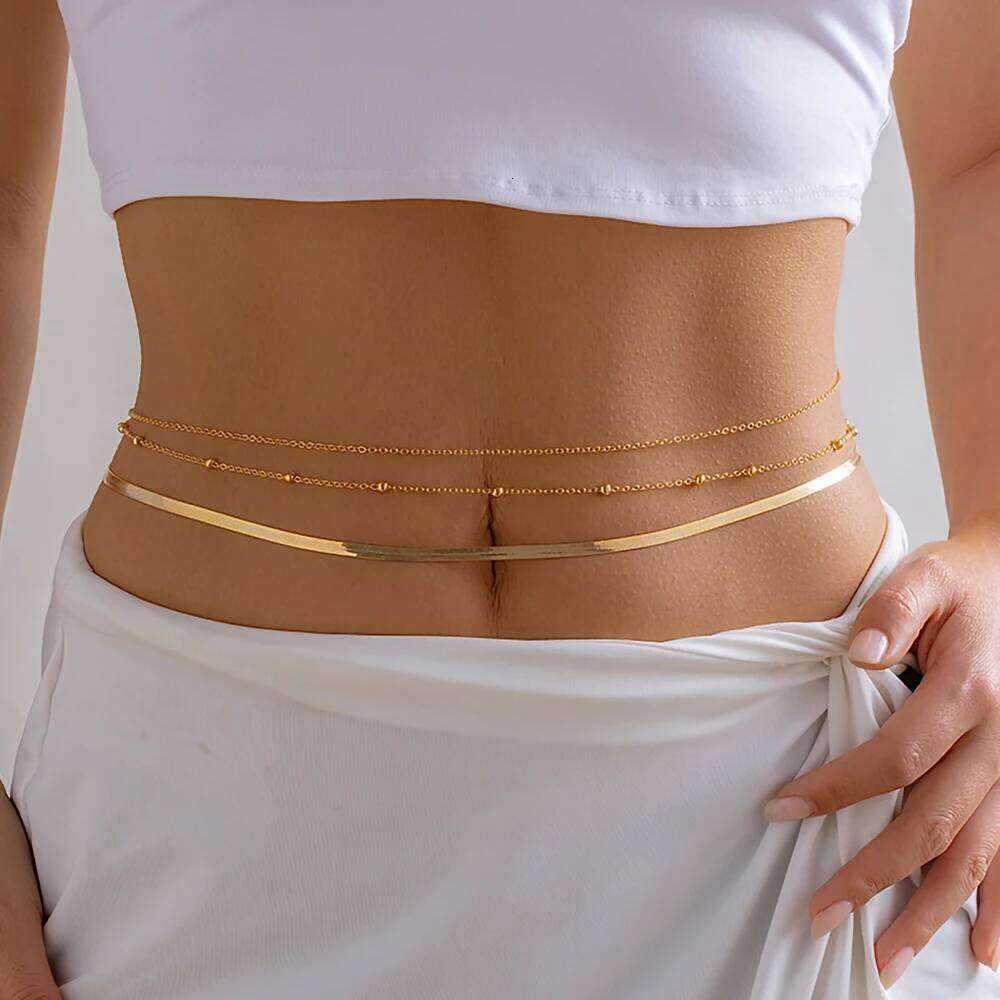 IngeSight.Z Sexy Multilayer Flat Snake Belly Waist Chain for Women Simple Gold Color CCB Beads Bikini Beach Body Jewelry H260228