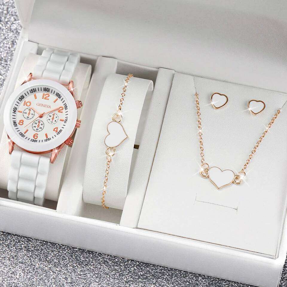 4pcs/set Geneva Fashion Silicone Band Women Quartz es Heart Jewelry SetWithout Box H260228